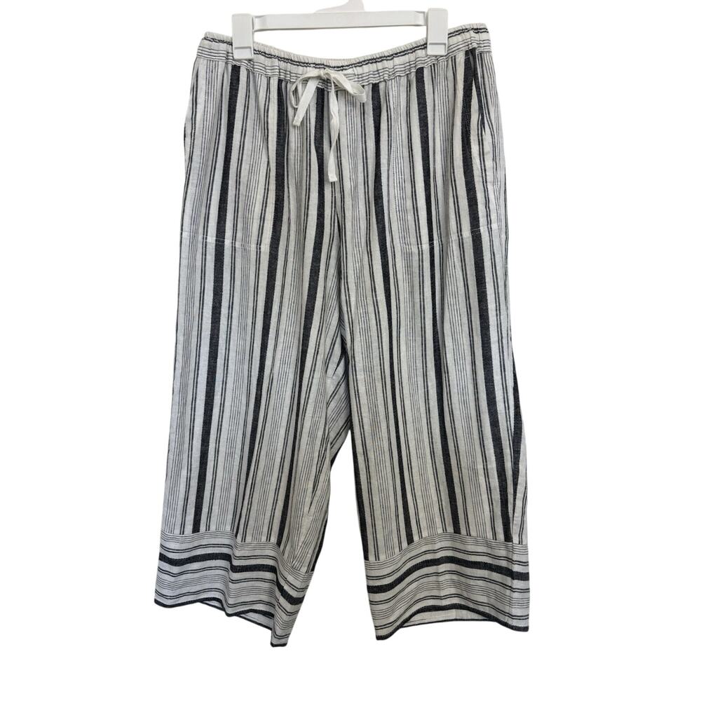 Linen Blend Striped Wide Leg Crop Pull On Pants Large Coastal Lagenlook Boho